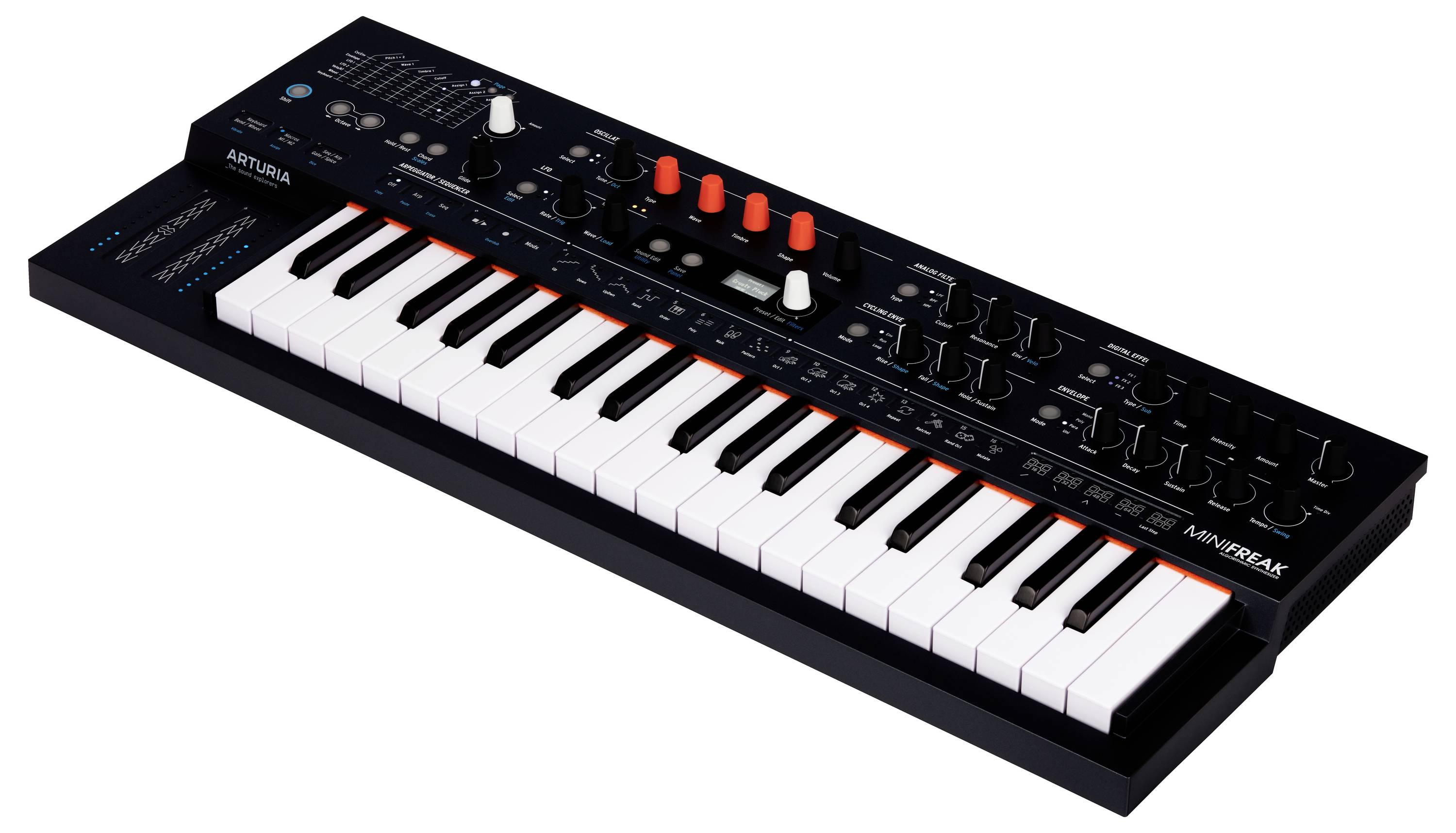 Een zwarte synthesizer-keyboard met witte toetsen en rode knoppen, geschikt voor muziekproductie en elektronische klanken.