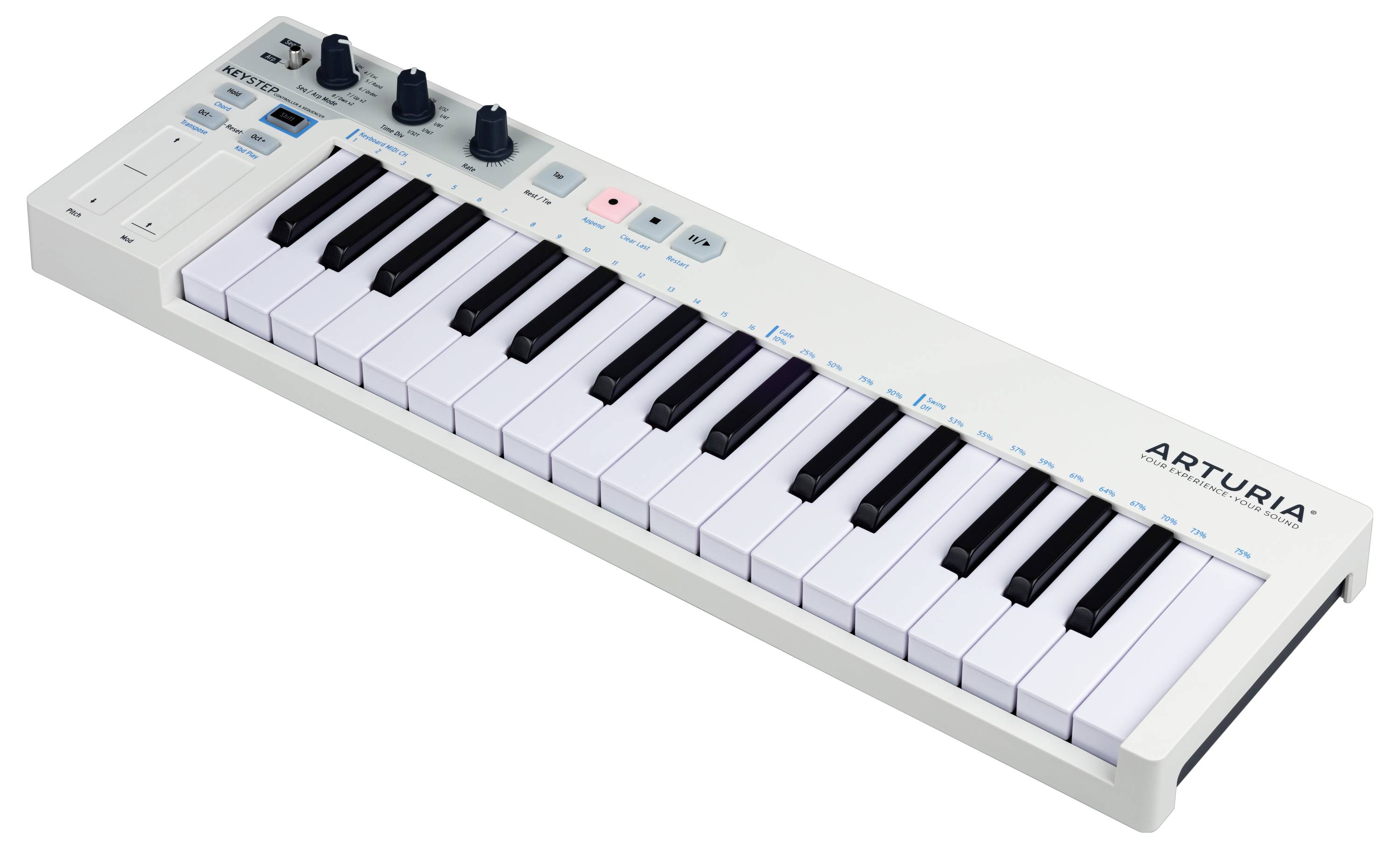 Een compact, draagbaar MIDI-keyboard met 25 toetsen, draaiknoppen en functietoetsen voor muziekproductie en performance.