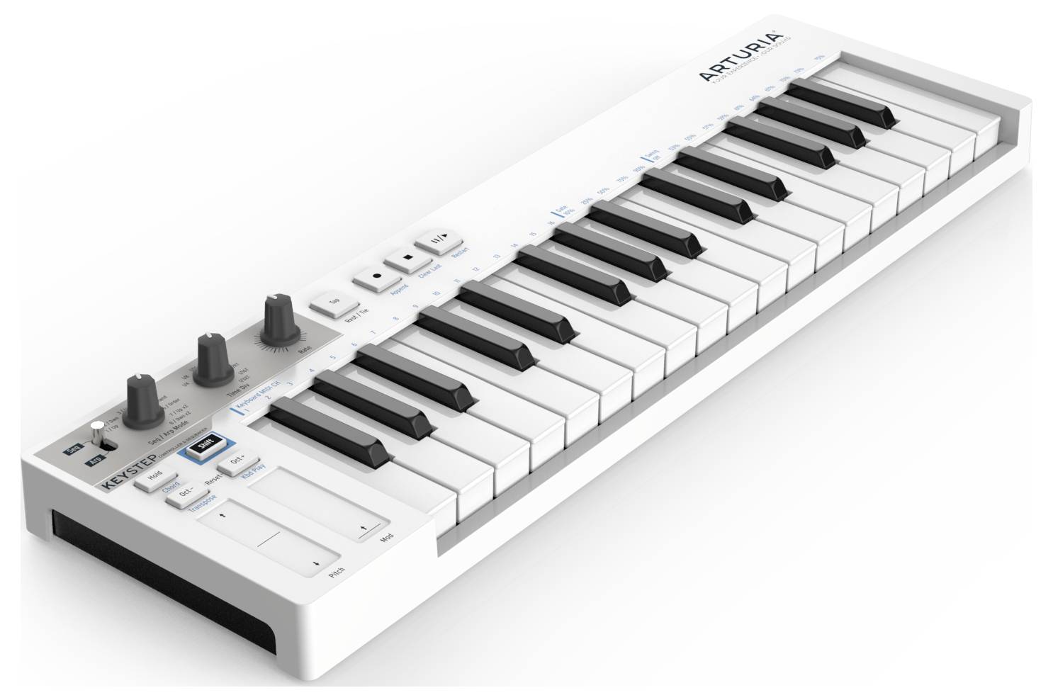 Een wit MIDI-keyboard met 25 toetsen, draaiknoppen en schuifregelaars, geschikt voor muziekproductie en elektronische muziek.