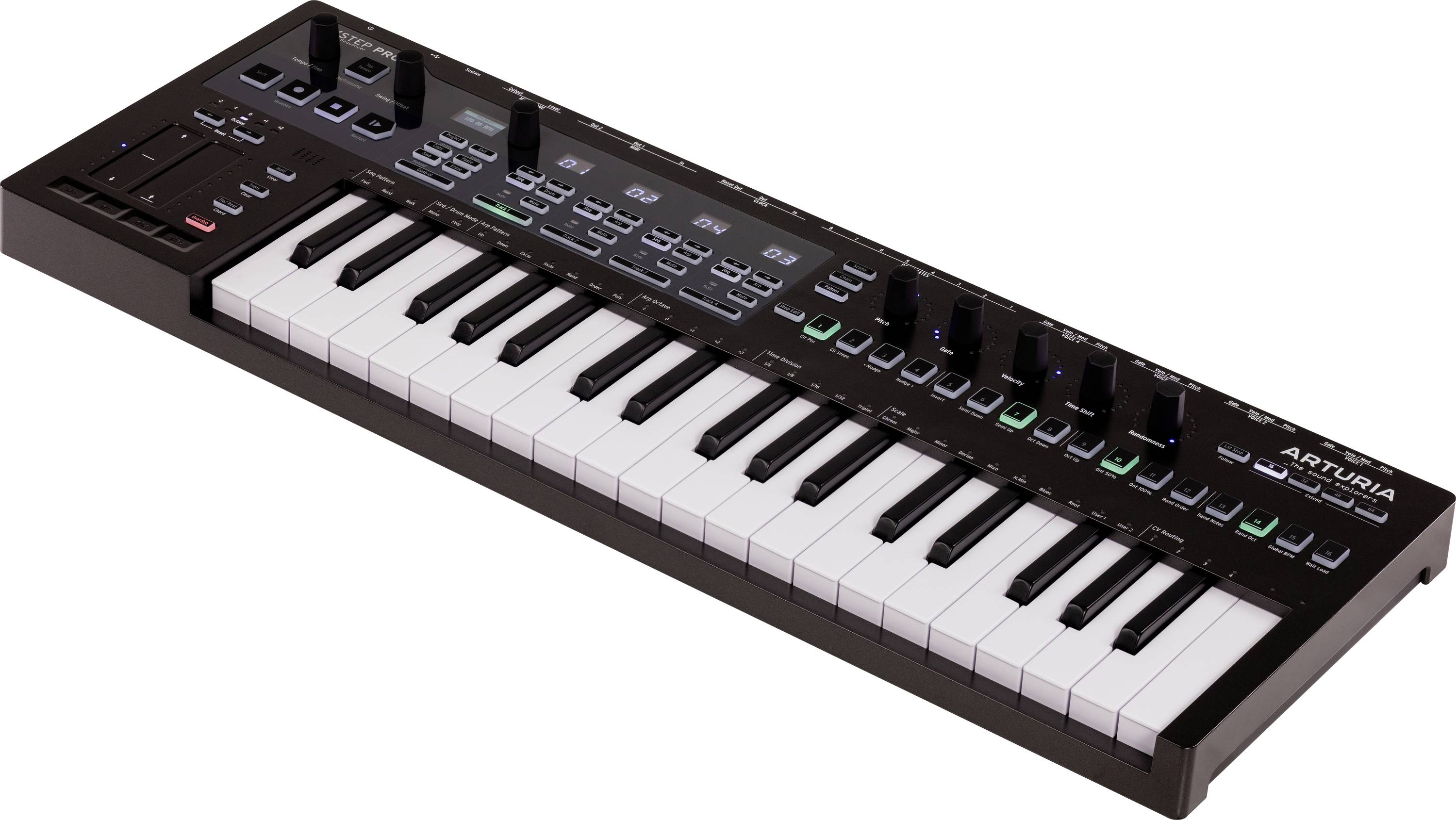 Een zwart MIDI-keyboard met 25 toetsen, meerdere draaiknoppen en schuifregelaars, dient voor muziekproductie en geluidsbediening.