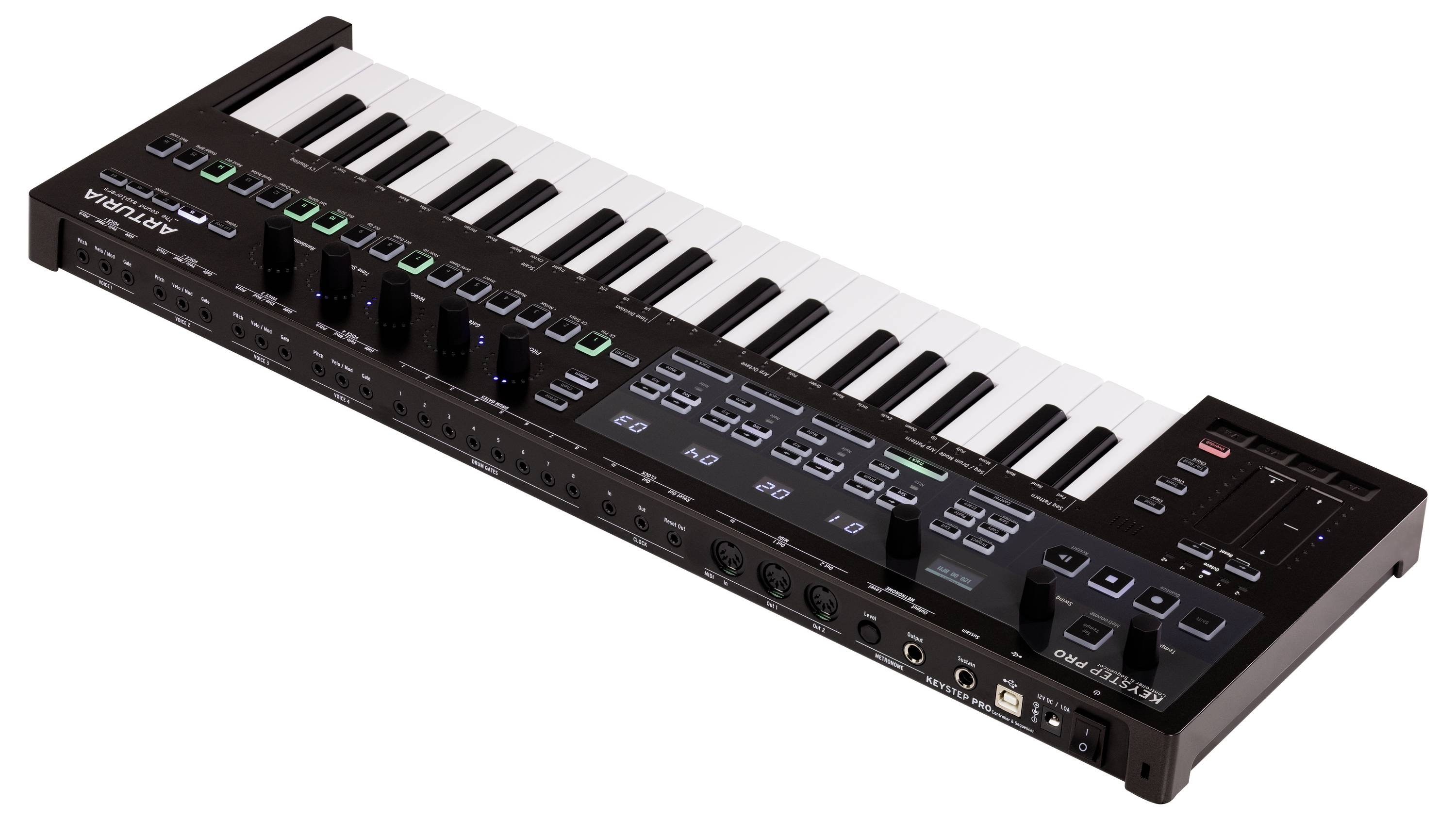 Een compacte muziekcontroller met pianotoetsen, draaiknoppen en aansluitingsmogelijkheden voor muziekproductie en live-optredens.