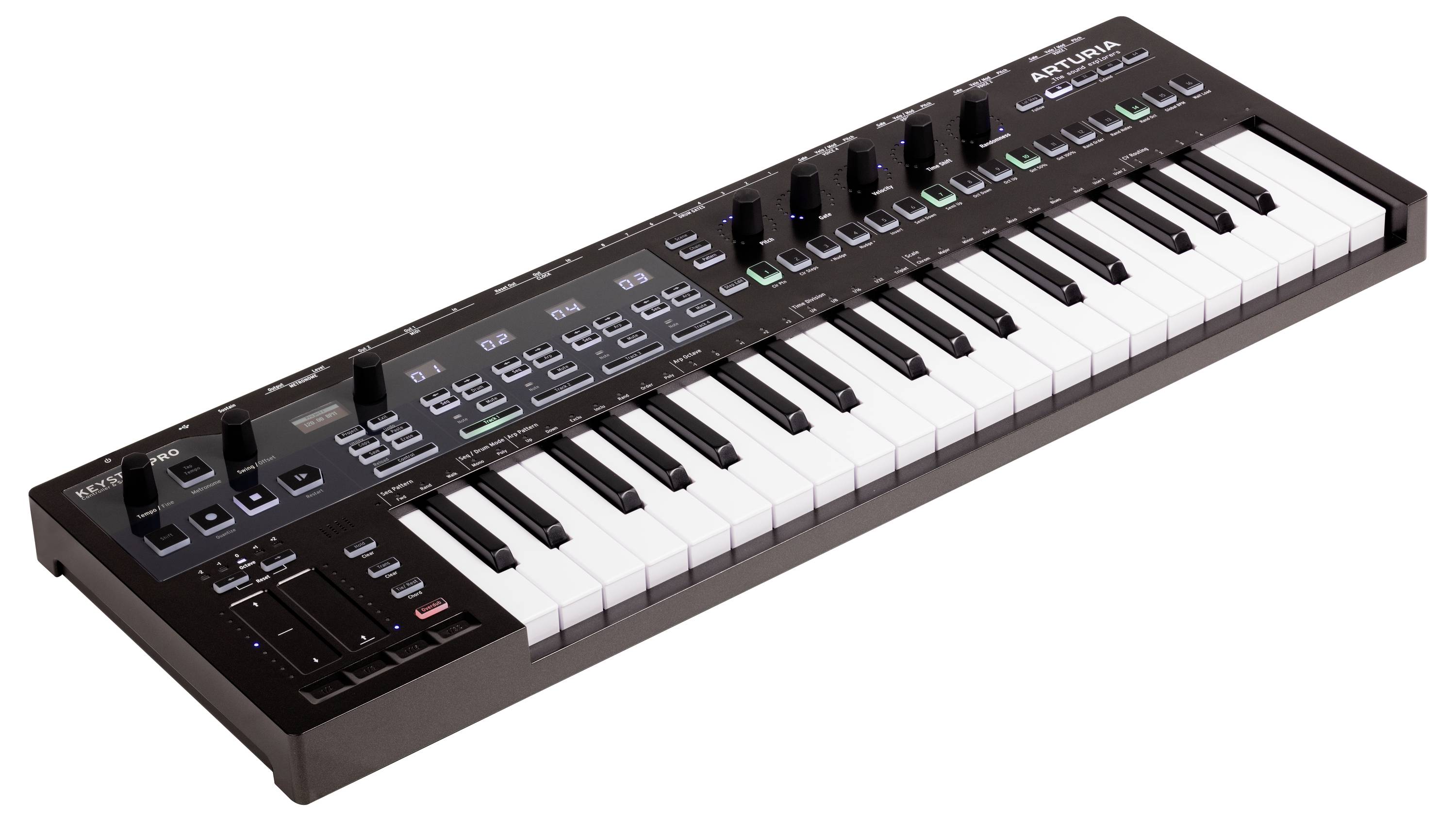 Een zwart MIDI-keyboard met witte en zwarte toetsen evenals verschillende toetsen, knoppen en regelaars voor muziekproductie.