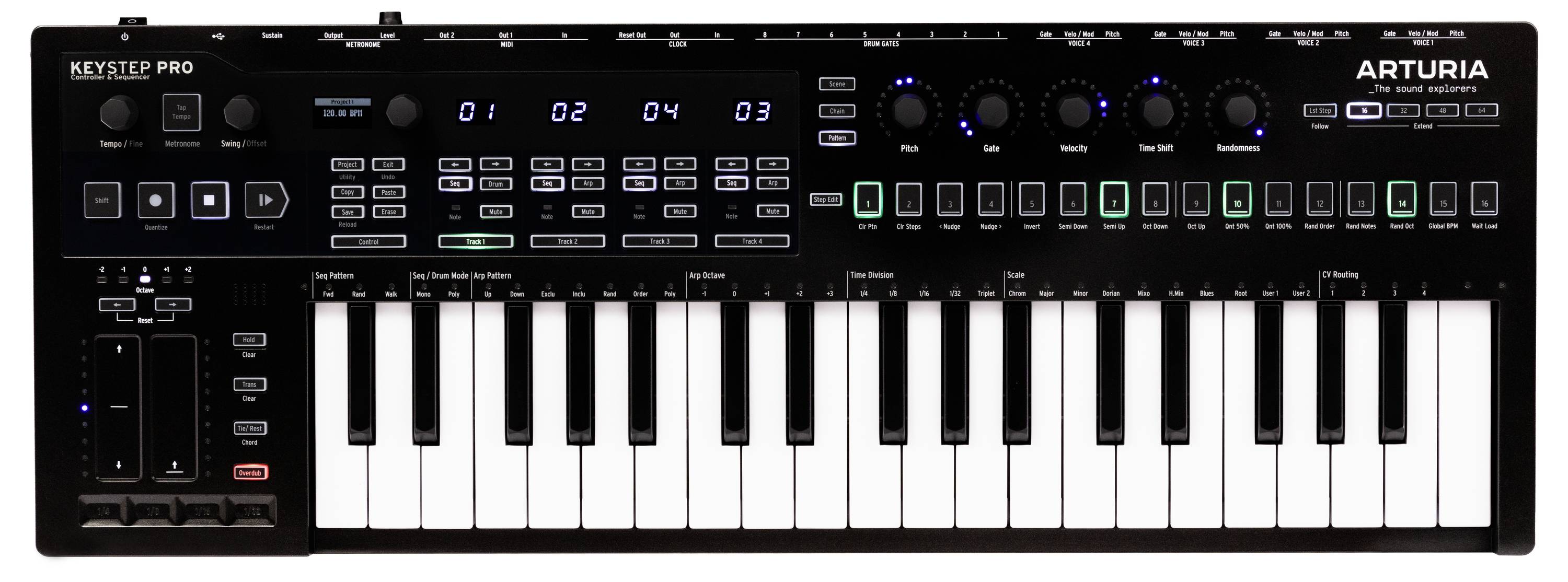 Een zwarte MIDI-controller met witte en zwarte toetsen en verschillende regelaars en knoppen, merknaam 'Arturia'.