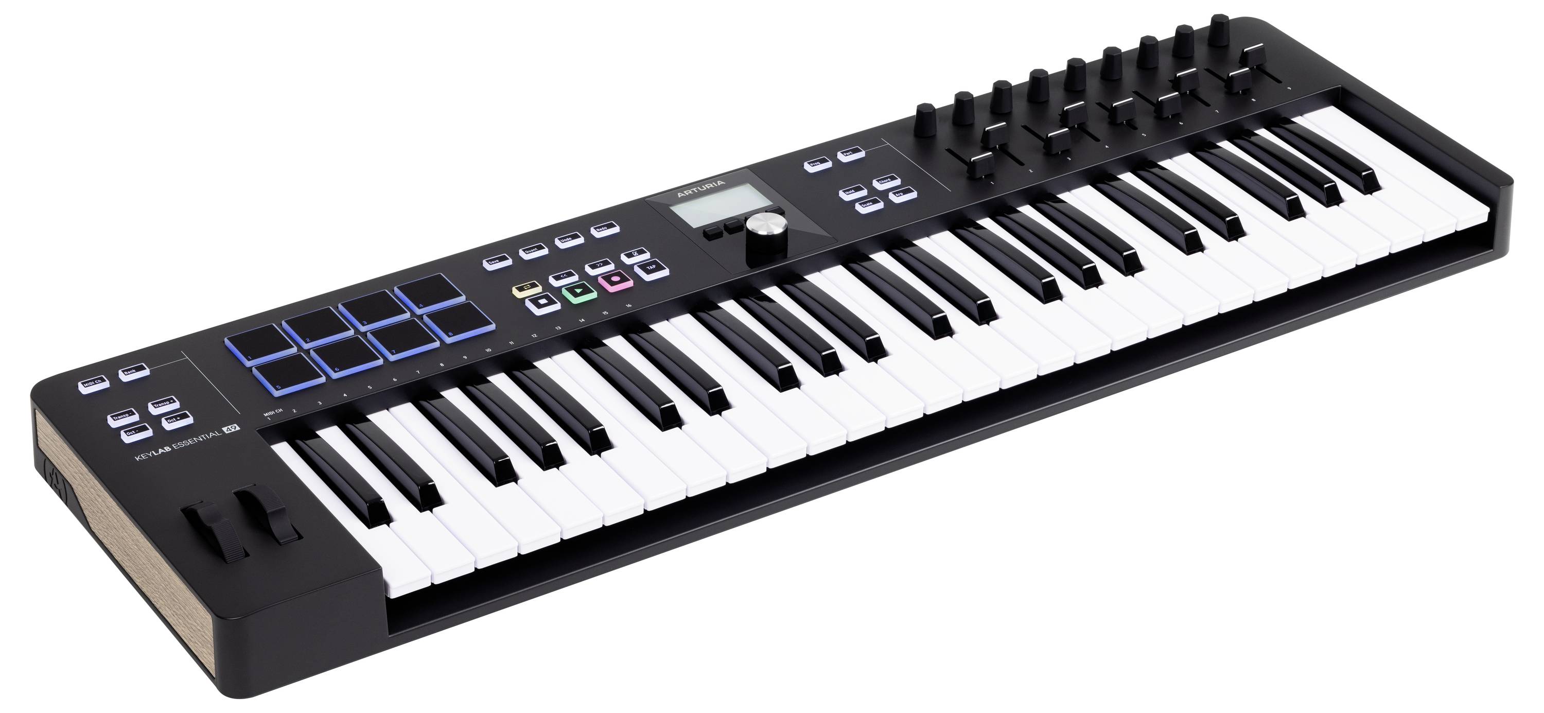 Een zwart MIDI-keyboard met 49 toetsen, blauwe pads en draaiknoppen. Ideaal voor muziekproductie en live-optredens.