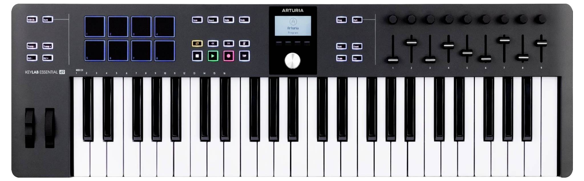 Een MIDI-controller met 32 toetsen, acht pads, negen faders en verschillende bedieningselementen. Centraal scherm toont 'Scene.'