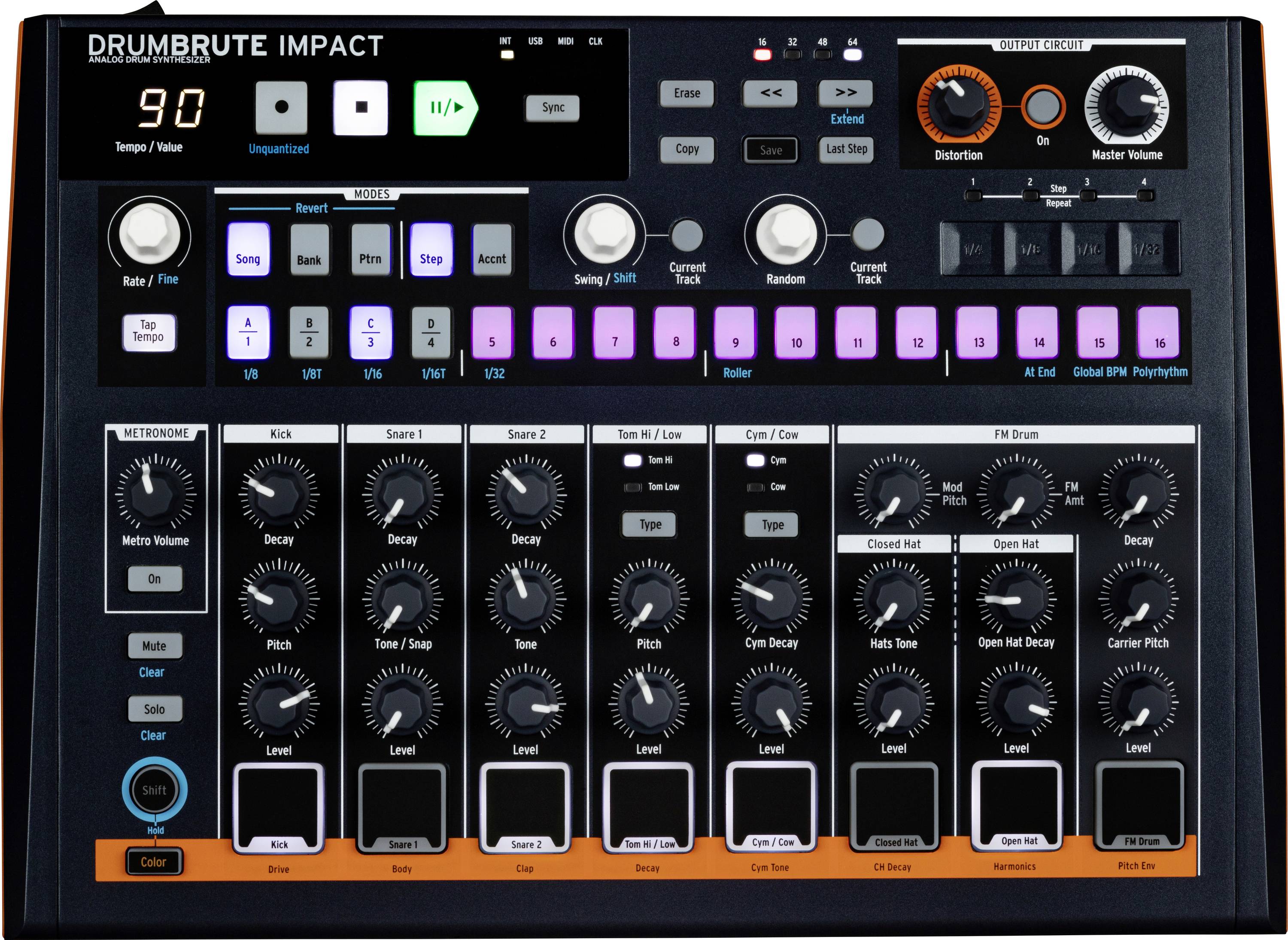 Elektronisch drumstel met meerdere knoppen, regelaars en LED-displays voor verschillende percussie-geluiden en effecten.