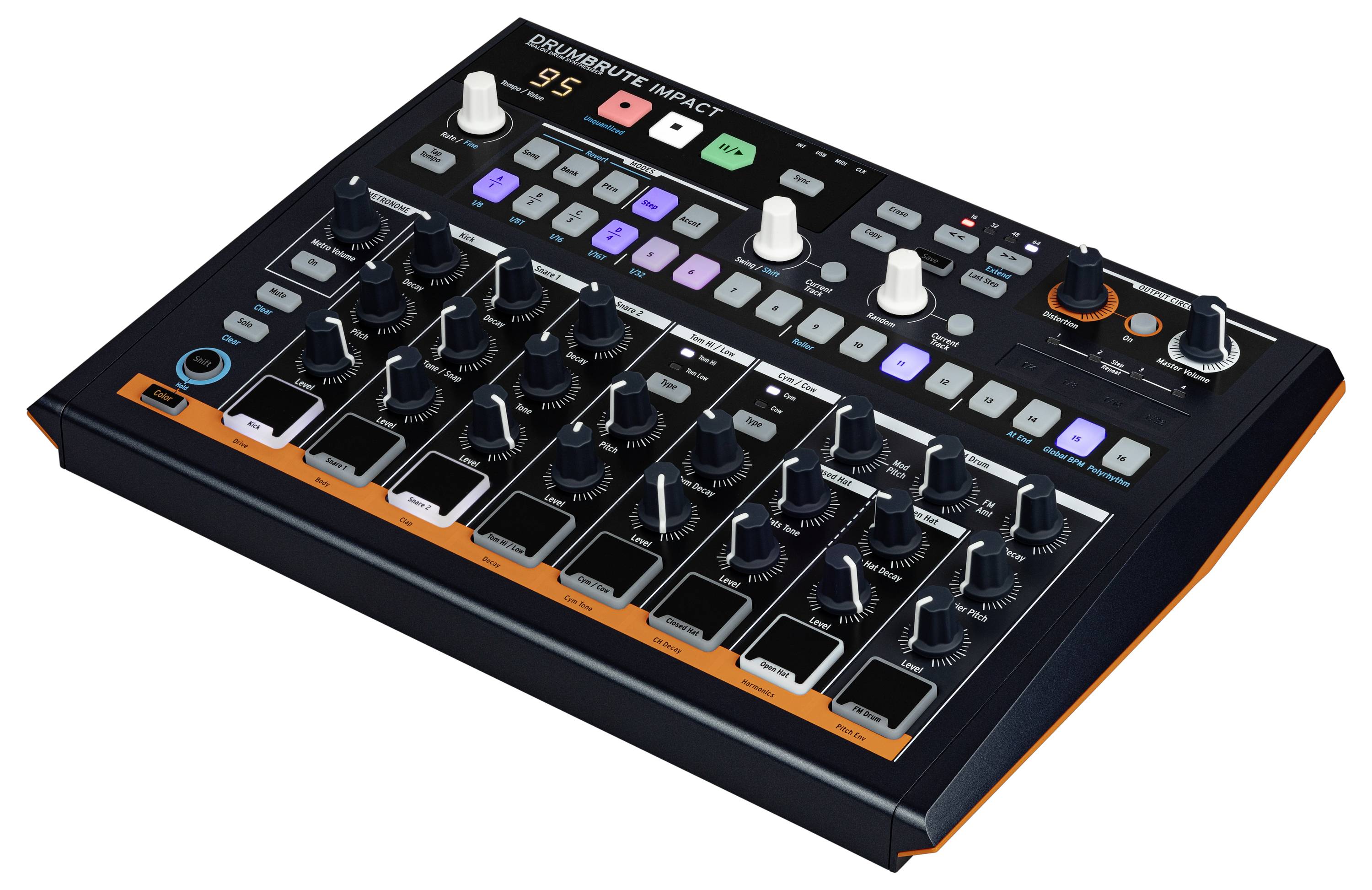 Elektronische drums- en synthesizer-controller met verschillende draaiknoppen en pads voor muziekproductie en -besturing.