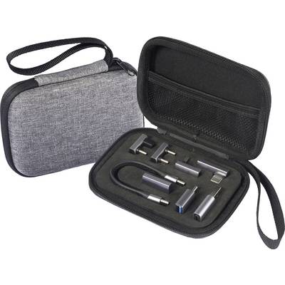 Een draagbare elektronica-accessoireset bevat verschillende adapters en connectoren in een grijs stoffen etui met rits en handgreep.