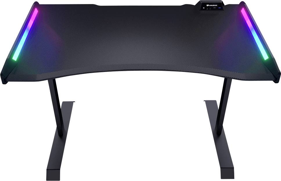 Een moderne zwarte gamingbureau met kleurrijke LED-lichtstrips aan beide zijden, ondersteund door twee stevige poten, geschikt voor gamingopstellingen.