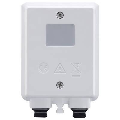 Een wit elektrisch apparaat met een digitale display en twee schroeven. CE-markering en waarschuwingssymbool daaronder zichtbaar.