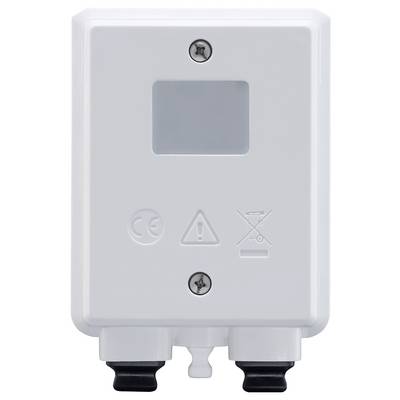 Een witte elektrische behuizing met twee schroeven en waarschuwingssymbolen. Zichtbaar zijn CE-markering, een uitroepteken en een doorgestreepte vuilnisbak.