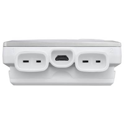 Twee witte aansluitingen en een Micro-USB-aansluiting op een apparaat. Aansluitingen zijn genummerd met 1 en 2.