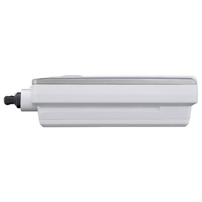 Een zijaanzicht van een wit, rechthoekig elektronisch apparaat met grijze accenten, mogelijk een oplader of adapter.