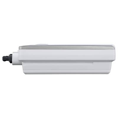 Zijaanzicht van een witte rechthoek met een zwarte knop aan één uiteinde, vergelijkbaar met een afstandsbediening.