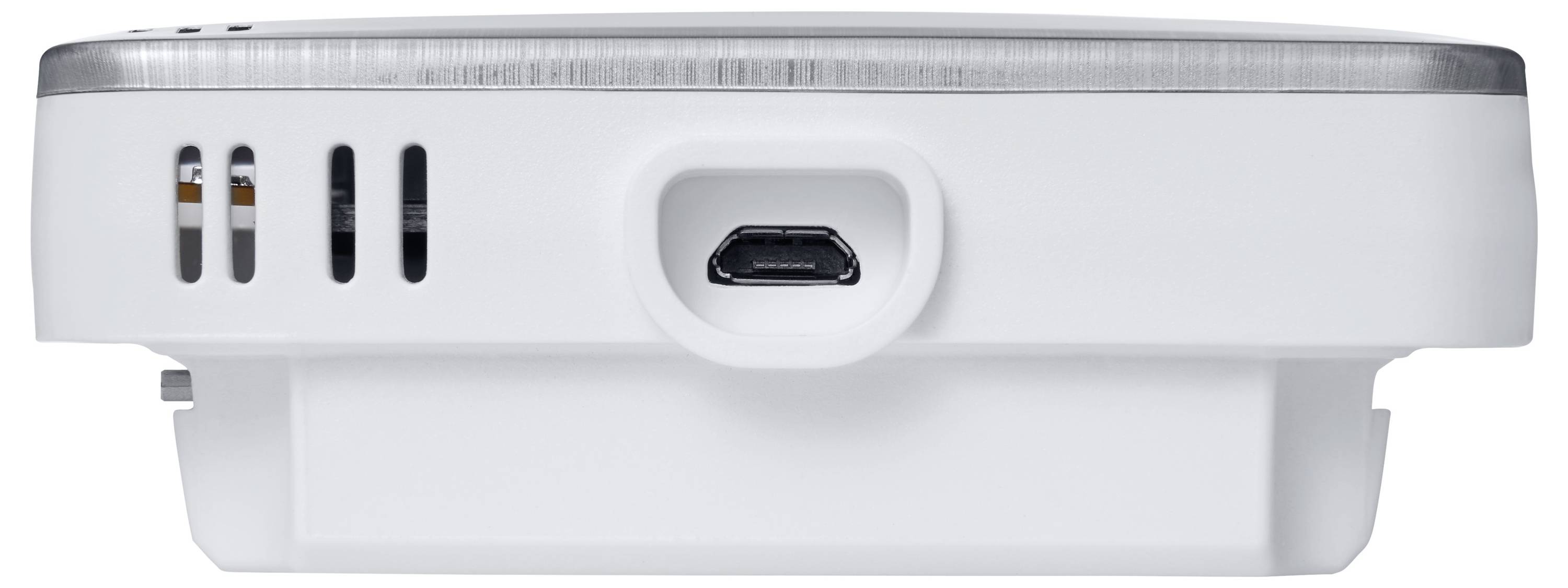 Een wit elektronisch apparaat met USB-aansluiting en ventilatiesleuven, mogelijk een projector of vergelijkbare hardware.