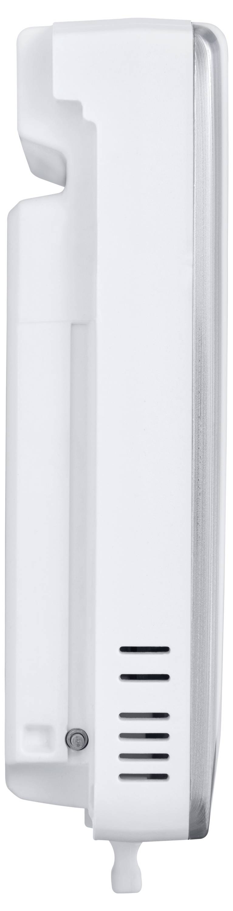 Zijaanzicht van een wit elektronisch apparaat met ventilatiesleuven aan de onderkant.