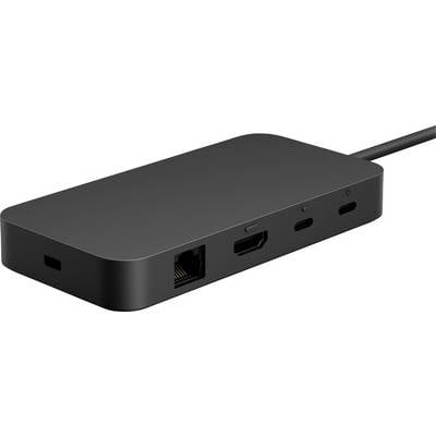 Een zwarte USB-C-hub met meerdere aansluitingen: Ethernet, HDMI, twee USB-C-aansluitingen. Geschikt voor computerverbindingen.