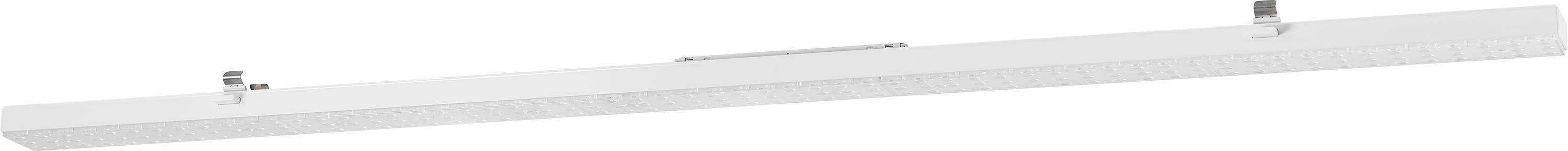 Een lange, witte LED-armatuur met twee ophangpunten, geschikt voor plafondmontage in kantoren of werkplaatsen.