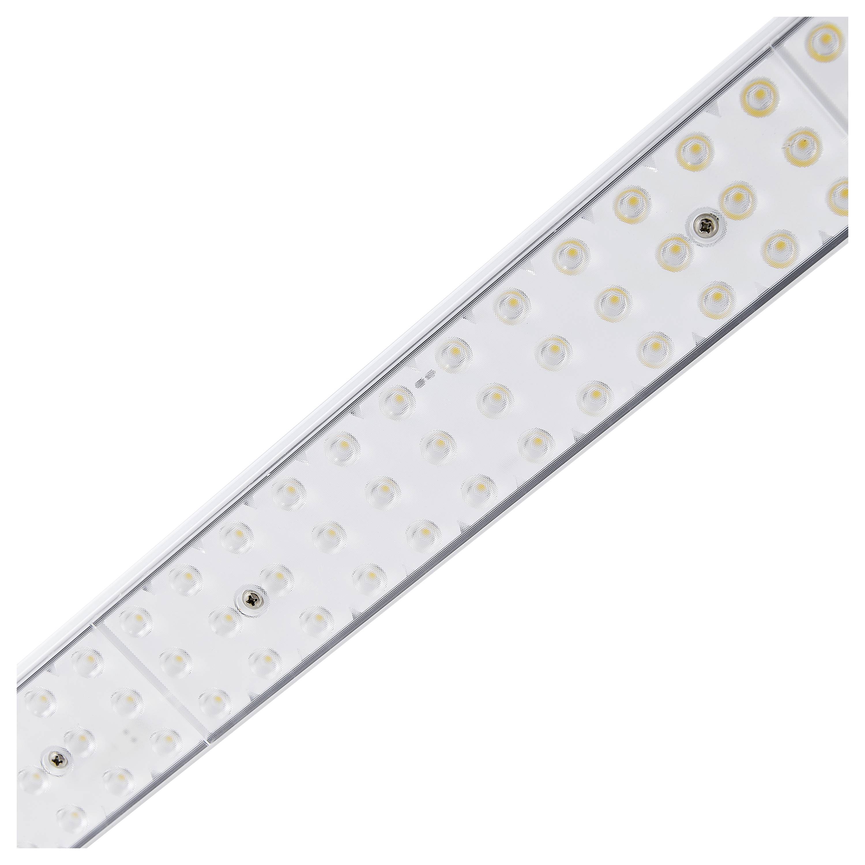 Close-up van een rechthoekige, witte LED-lamp met meerdere kleine, ronde LED-lichtjes op een vlak oppervlak.