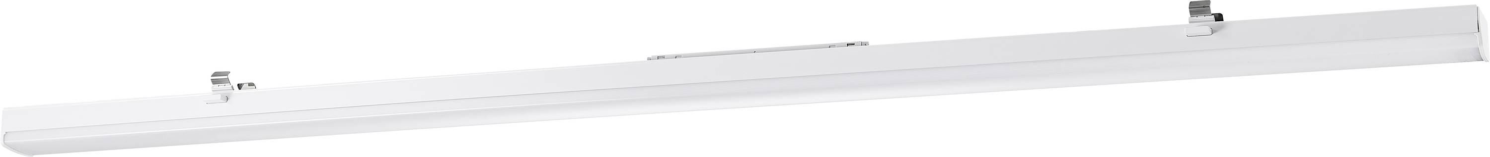 Een witte, langwerpige LED-plafondlamp met twee bevestigingshaken voor montage. Ideaal voor de verlichting van binnenruimtes.