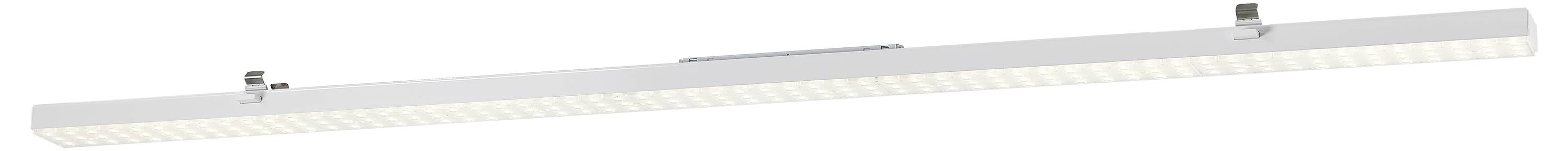 Een witte, langwerpige LED-lichtbalk, gemonteerd aan het plafond, zonder zichtbare omgevingsdetails.
