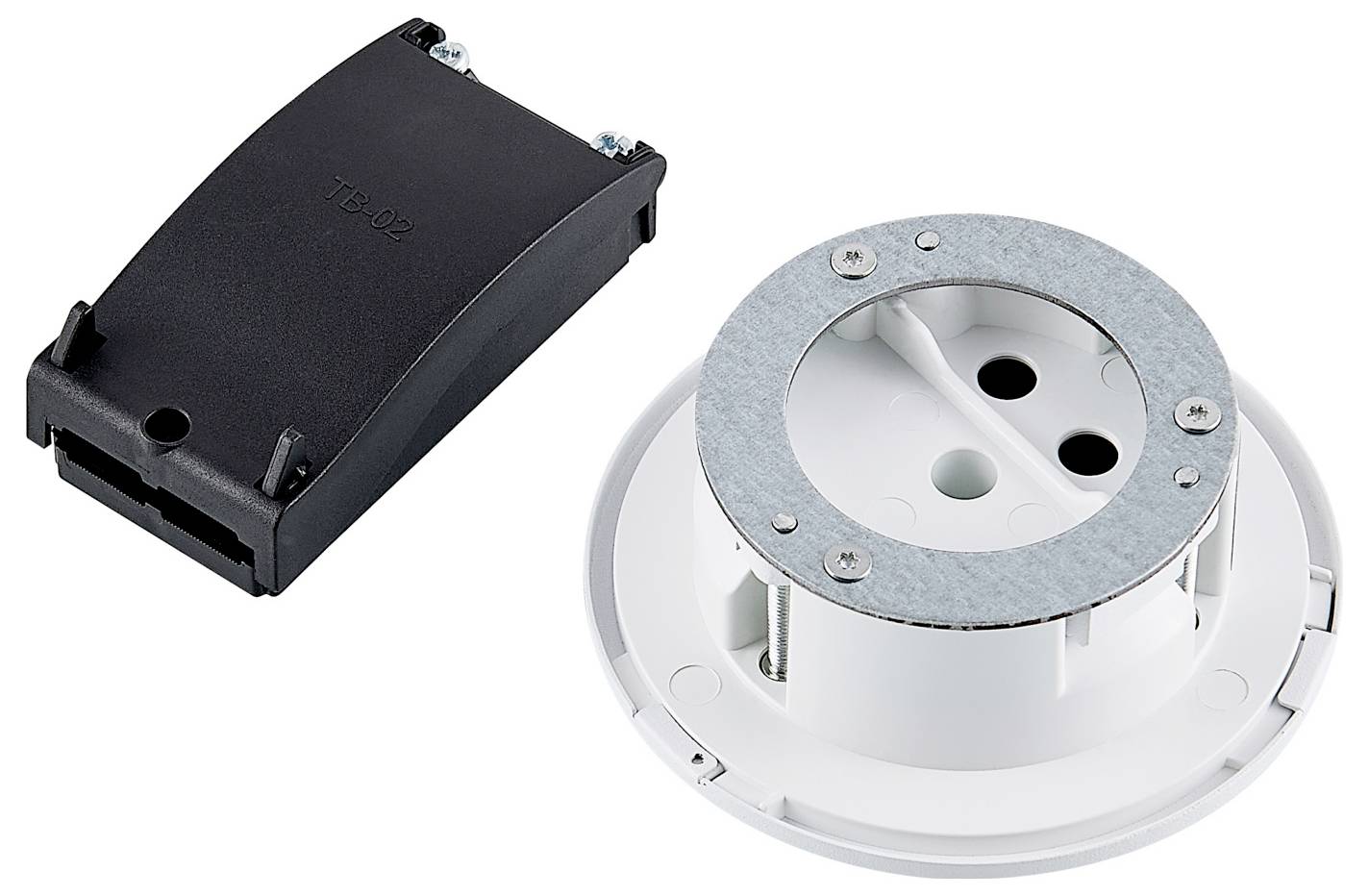 Twee elektrische hardwareonderdelen op een witte achtergrond: een zwarte rechthoekige afdekplaat en een ronde witte montagebasis met metalen ring en schroefgaten.