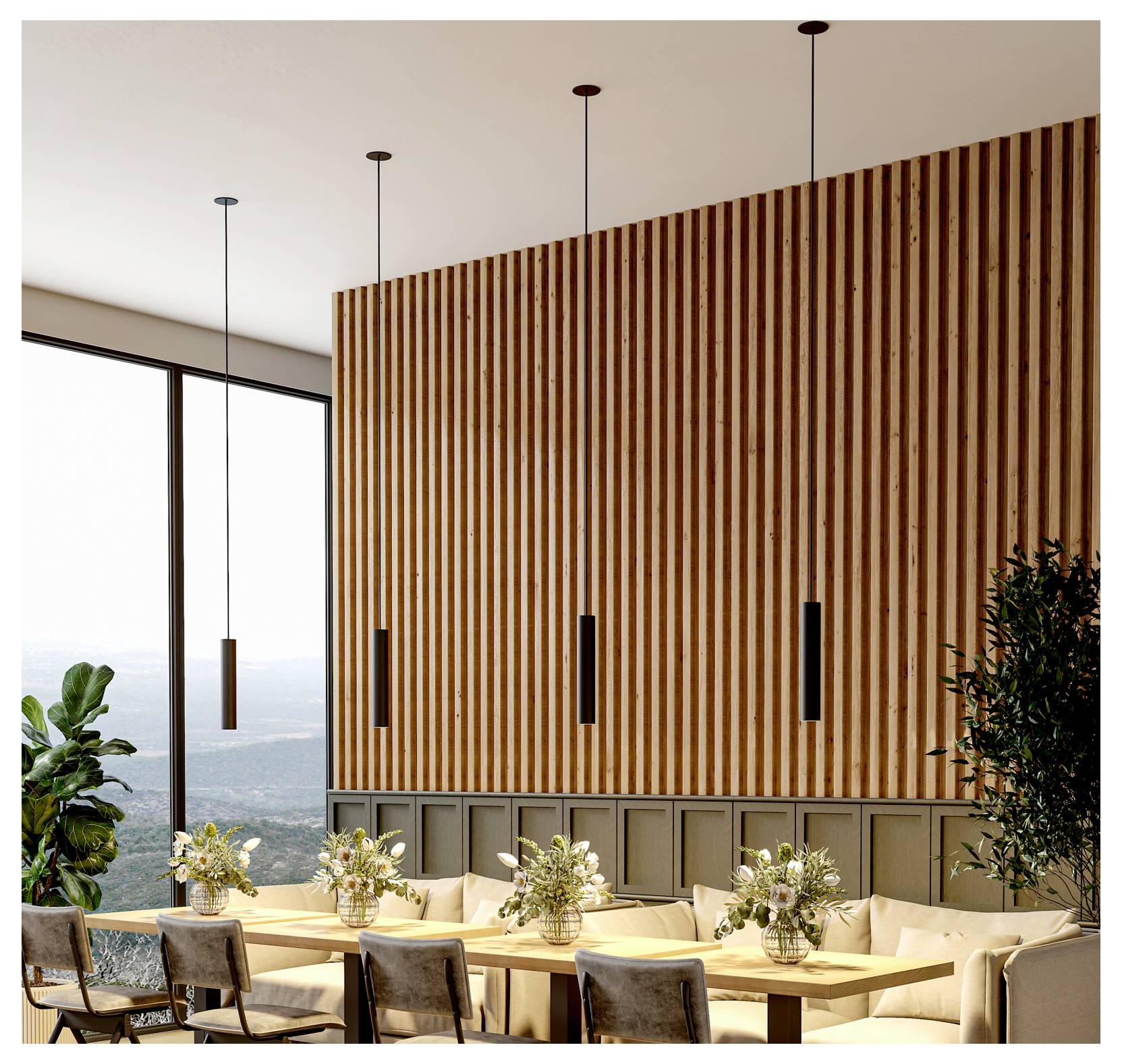 Moderne eetruimte met een lange houten tafel, gestoffeerde stoelen, hanglampen, een groot raam met uitzicht en een verticale wand met houten latten.