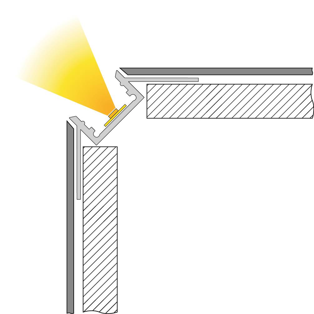 Diagram toont zonlicht dat door een schuine spiegel wordt gereflecteerd op een onderliggend oppervlak.