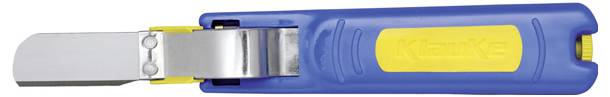 Een blauw en geel handgereedschap met een zilveren metalen lemmet, ontworpen voor het verwijderen van isolatie of het snijden van materialen bij bouw- of elektrotechnische werkzaamheden.
