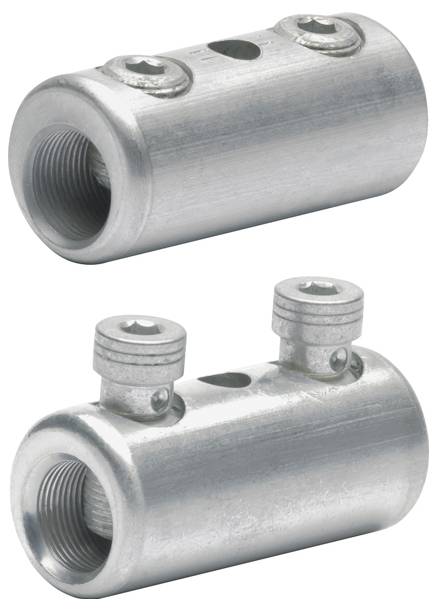 Metalen kabelverbindingsstuk, cilindrische vorm, met twee zichtbare schroefbevestigingen bovenop. Bovenaanzicht en zijaanzicht weergegeven.