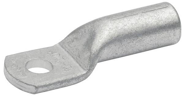 Een metalen kabeloog met een platte basis en een rond gat voor het bevestigen van kabels, doorgaans gebruikt bij elektrische verbindingen.
