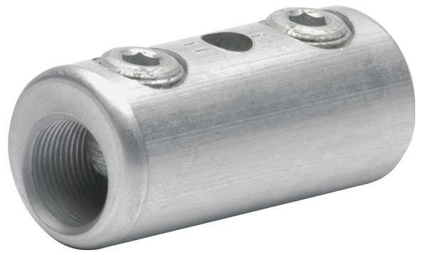Een metalen koppeling met zichtbare schroefkenmerken, ontworpen voor het verbinden van twee leidingbuizen, met een cilindrische vorm en schroefdraadeinden.