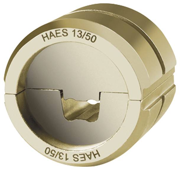 Een nauwkeurige close-up van een metalen gereedschapsdeel, gelabeld 'HAES 13/50', met cirkelvormige groeven en een centraal klemmechanisme.