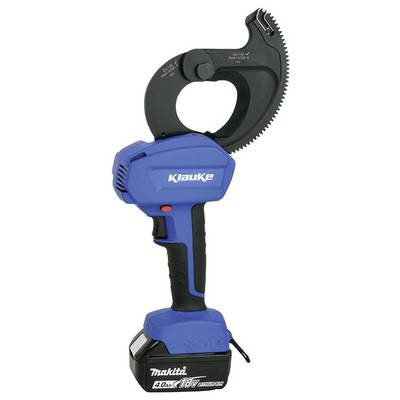 Elektrische kabelschaar met blauwe en zwarte behuizing, voorzien van het label 'Klauke', met een groot knipgedeelte en een 18V-accu aan de basis.
