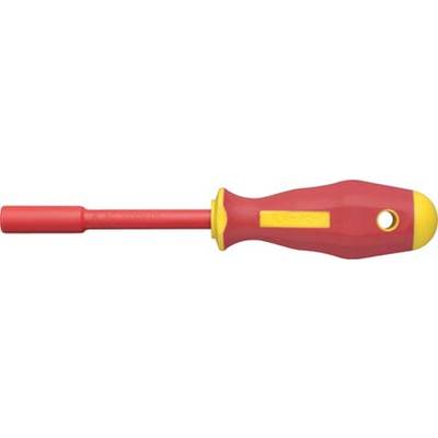 Rode en gele geïsoleerde schroevendraaier, ontworpen voor elektrisch werk, met een ergonomisch gevormde handgreep en een gat voor gemakkelijke opberging aan een haak.