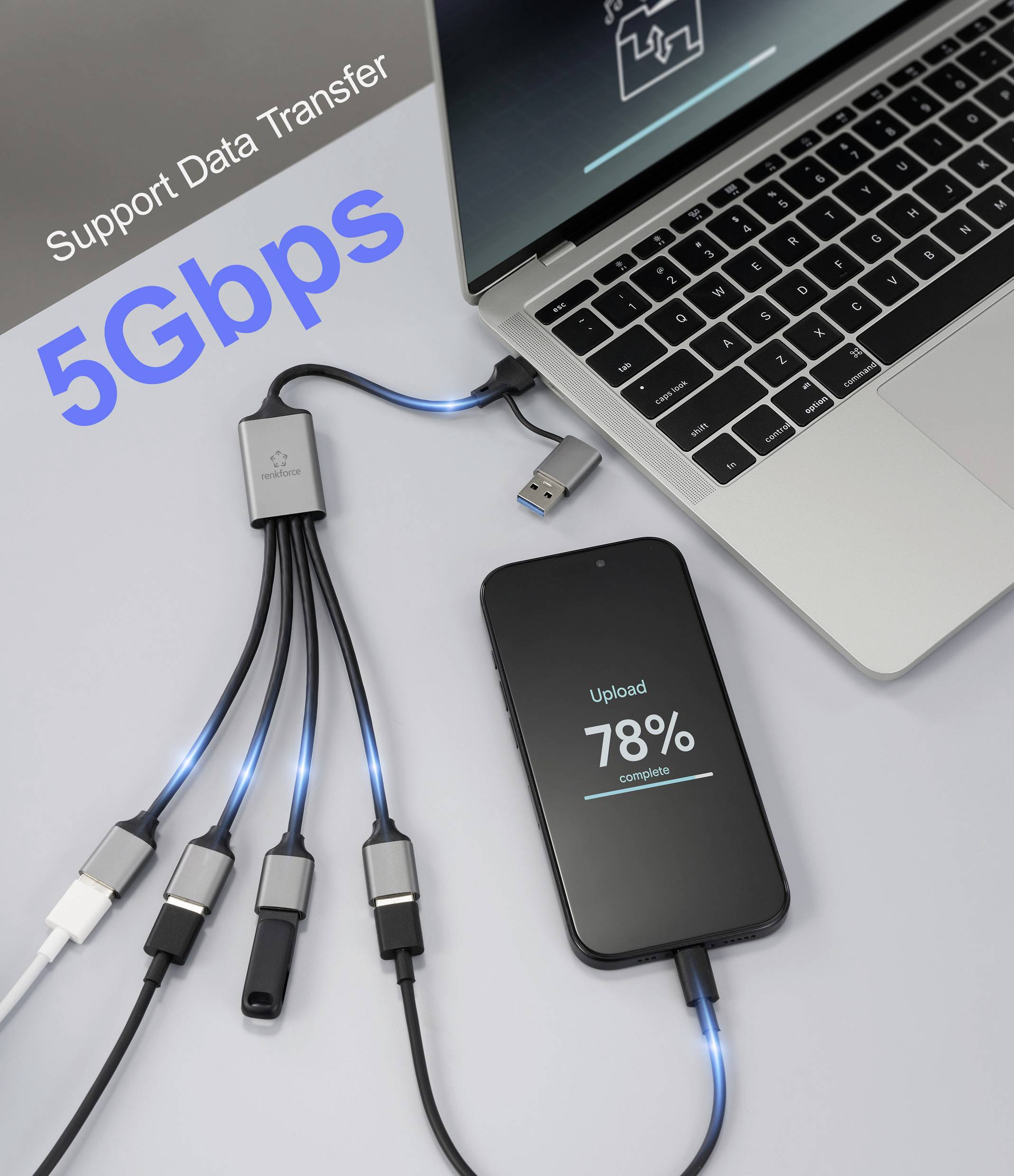 Een laptop is verbonden met een multi-poort USB-hub met oplichtende kabels. Tekst leest 'Ondersteuning Gegevensoverdracht 5 Gbps'. Een telefoon toont 'Upload 78% voltooid'.