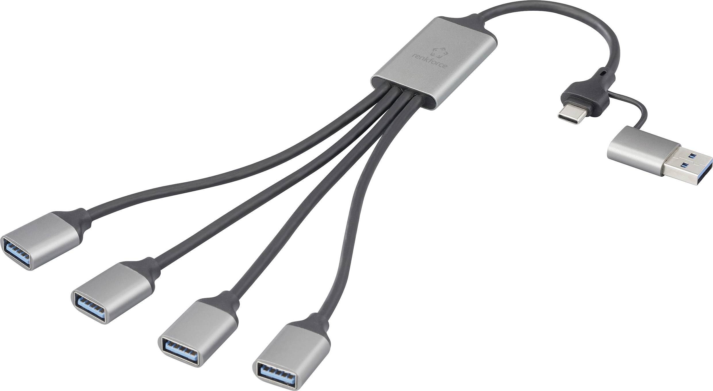 Een USB-hub met één USB-C invoer en vier USB 3.0 uitgangen, waarmee meerdere apparaten kunnen worden aangesloten op een enkele poort voor uitgebreide connectiviteit.