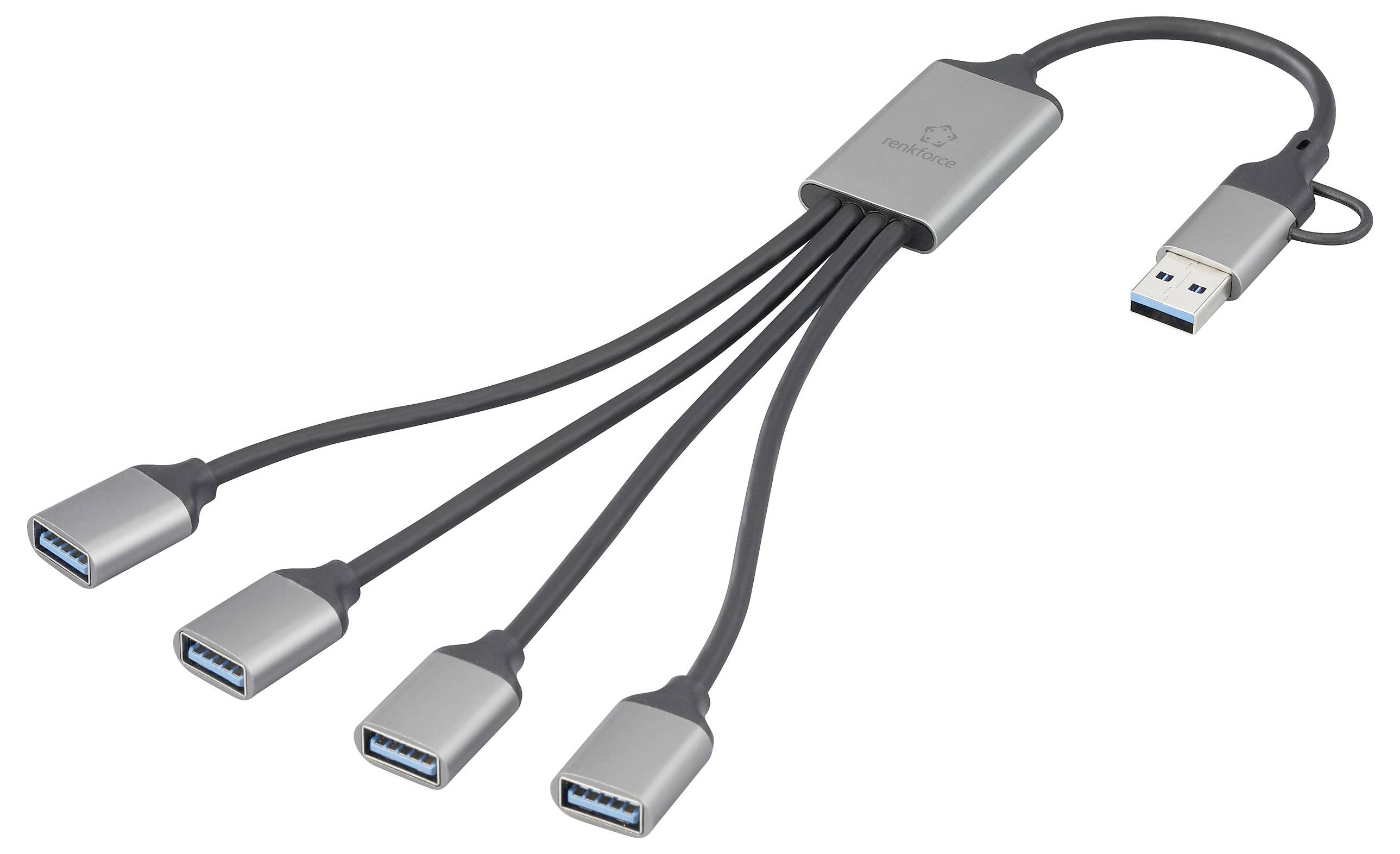 USB-hub met een enkele USB-stekker aangesloten op vijf USB-poorten, waardoor meerdere apparaten kunnen worden aangesloten op één computerpoort.