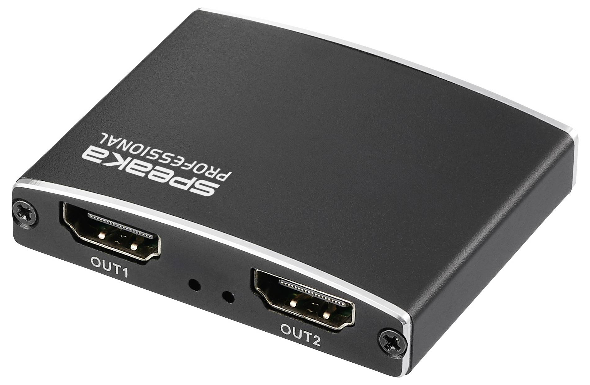 Een klein zwart apparaat gelabeld als 'Speaka Professional', met twee HDMI-uitgangen, gemarkeerd als 'OUT1' en 'OUT2', aan de zijkant van het apparaat.