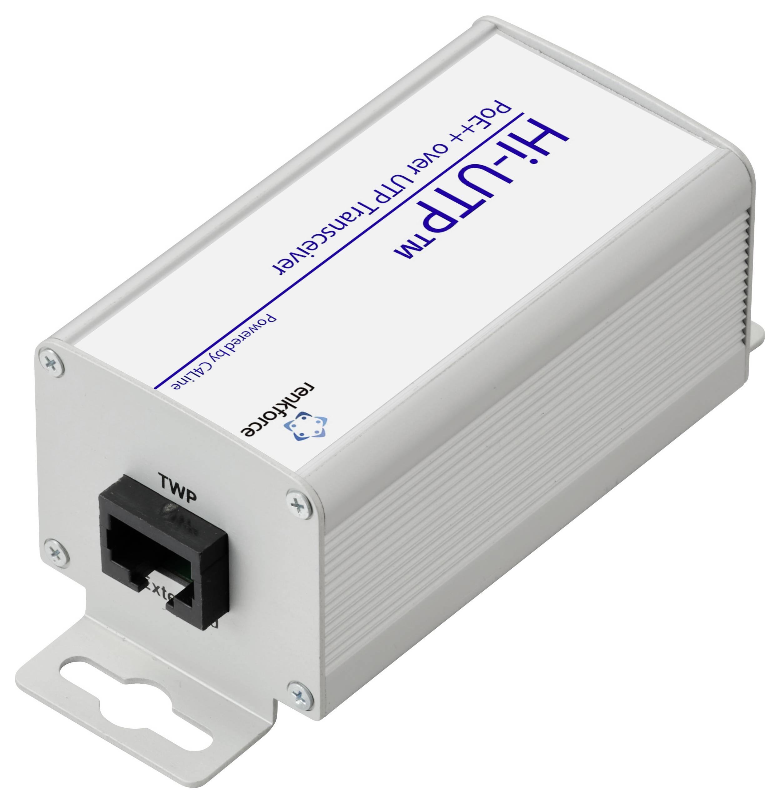 Een compacte netwerkapparatuur gelabeld als 'Hi-UFTM PoE++ Over UTP Extender' met een poort voor het aansluiten van Ethernet-kabels, gebruikt voor het verlengen van netwerkbereik.