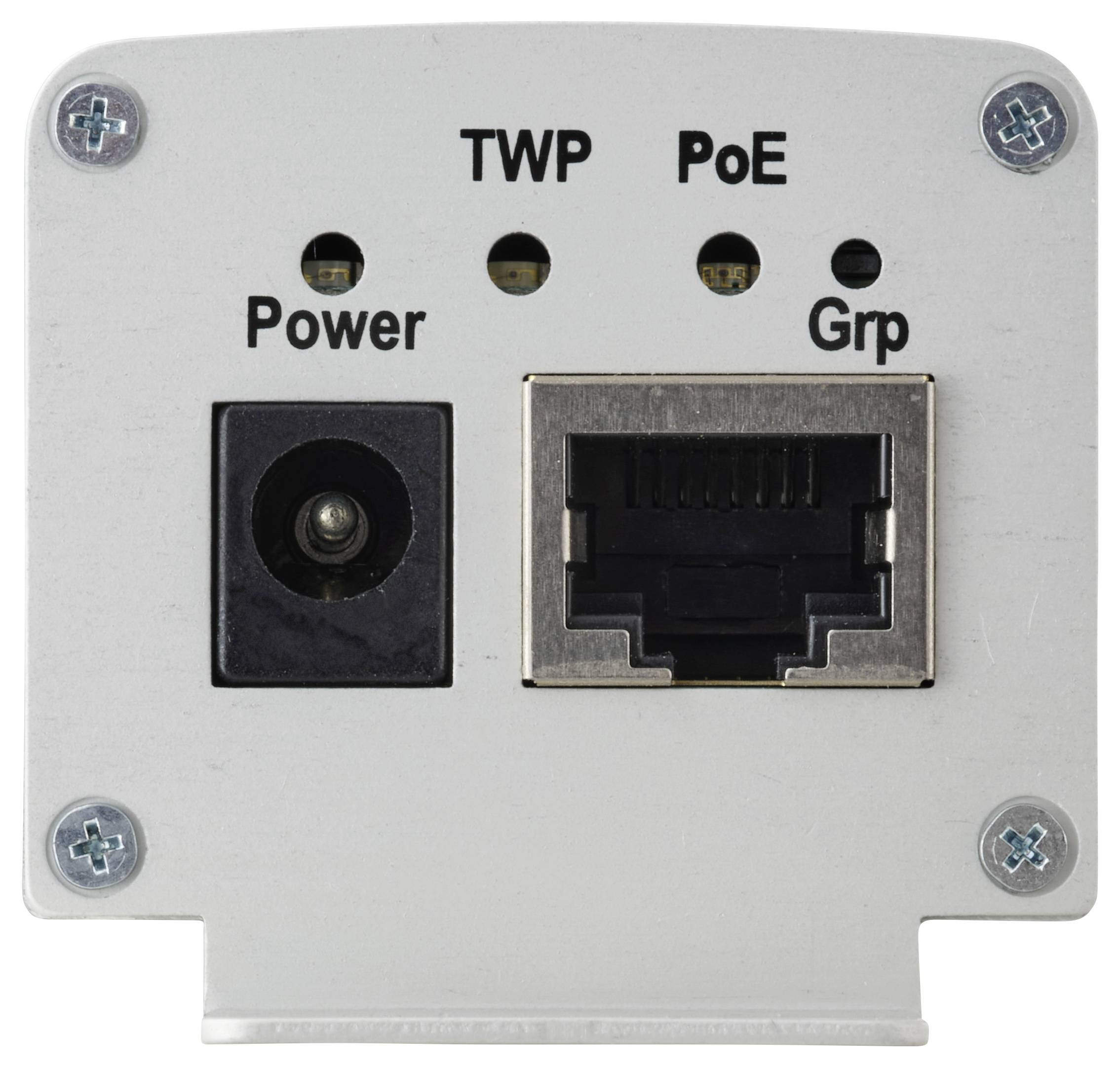 Vooraanzicht van een aan de muur gemonteerd elektronisch paneel met poorten gemerkt 'Voeding' en 'PoE'. Indicatoren gemerkt 'TWP', 'PoE' en 'Grp' bevinden zich boven de poorten.