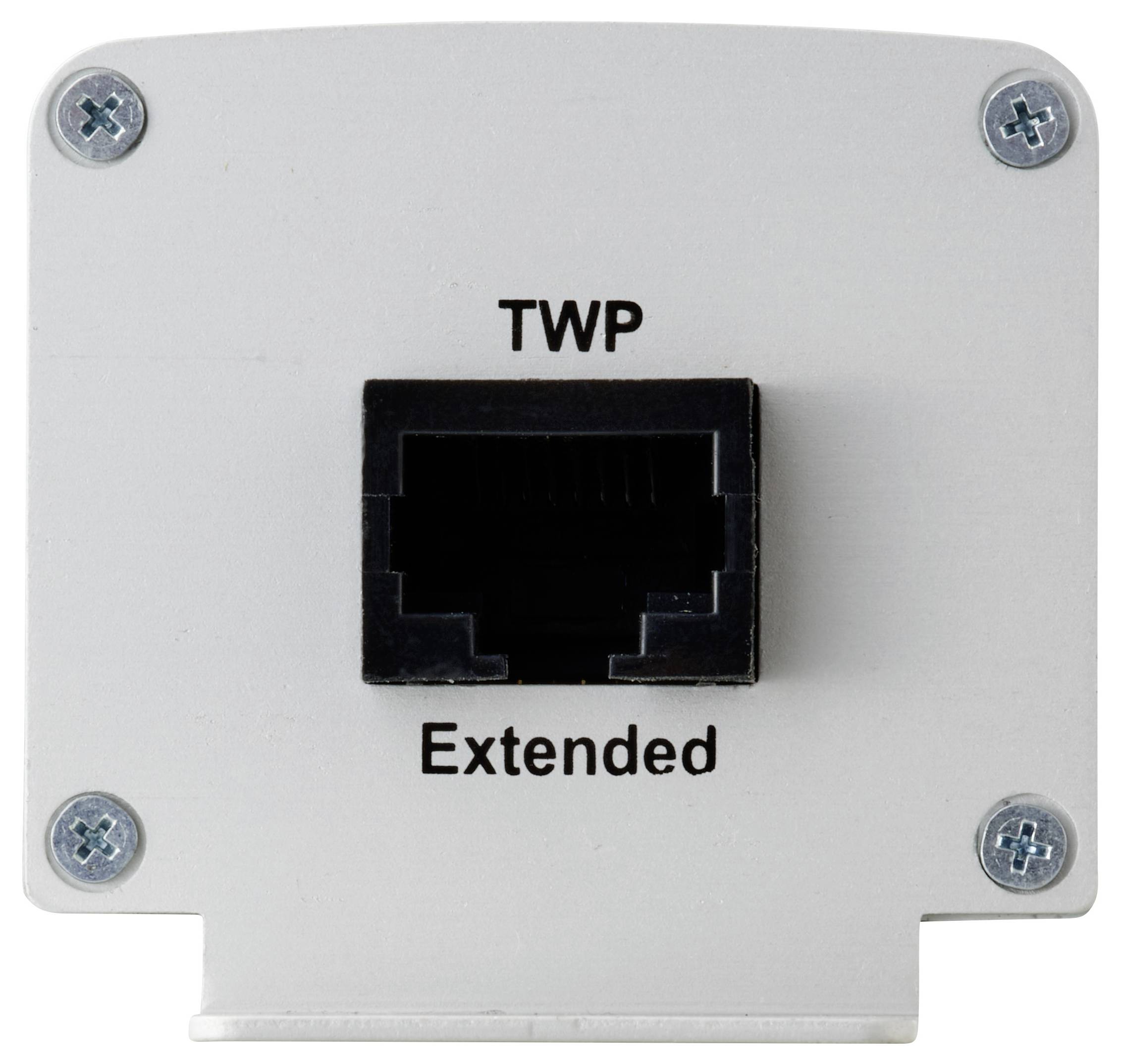 Metalen plaat met een Ethernet-poort, gelabeld 'TWP' boven en 'Extended' eronder, vastgemaakt met vier schroeven op de hoeken.