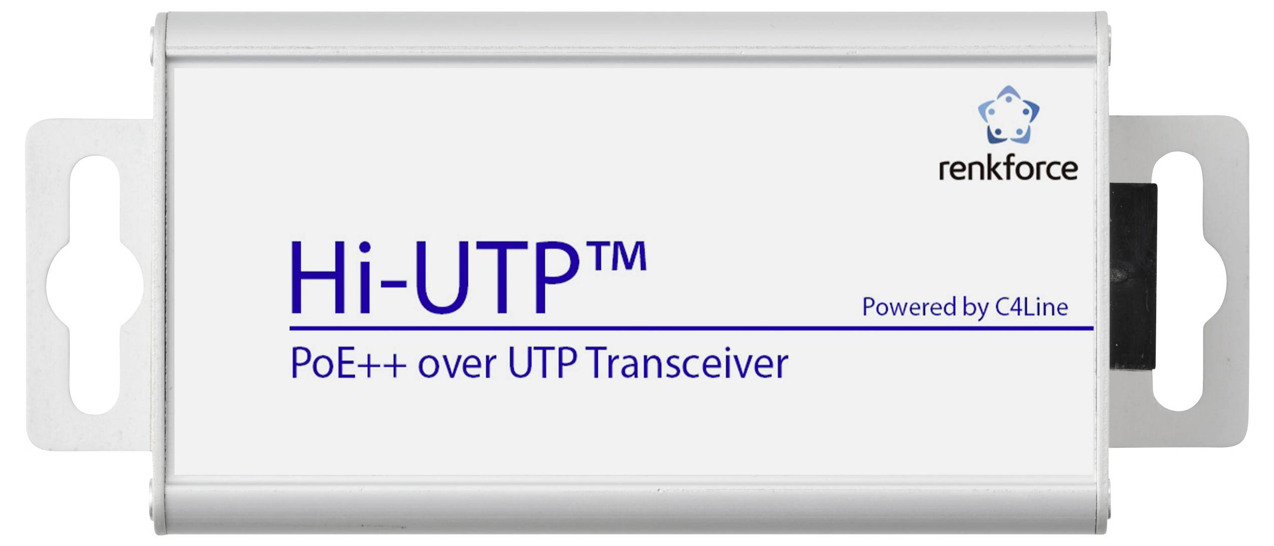 'Hi-UTP™ PoE++ over UTP Transceiver' apparaat getoond, voorzien van 'Powered by C4Line' en 'renkforce' logo. Zilveren behuizing met montagebeugels.