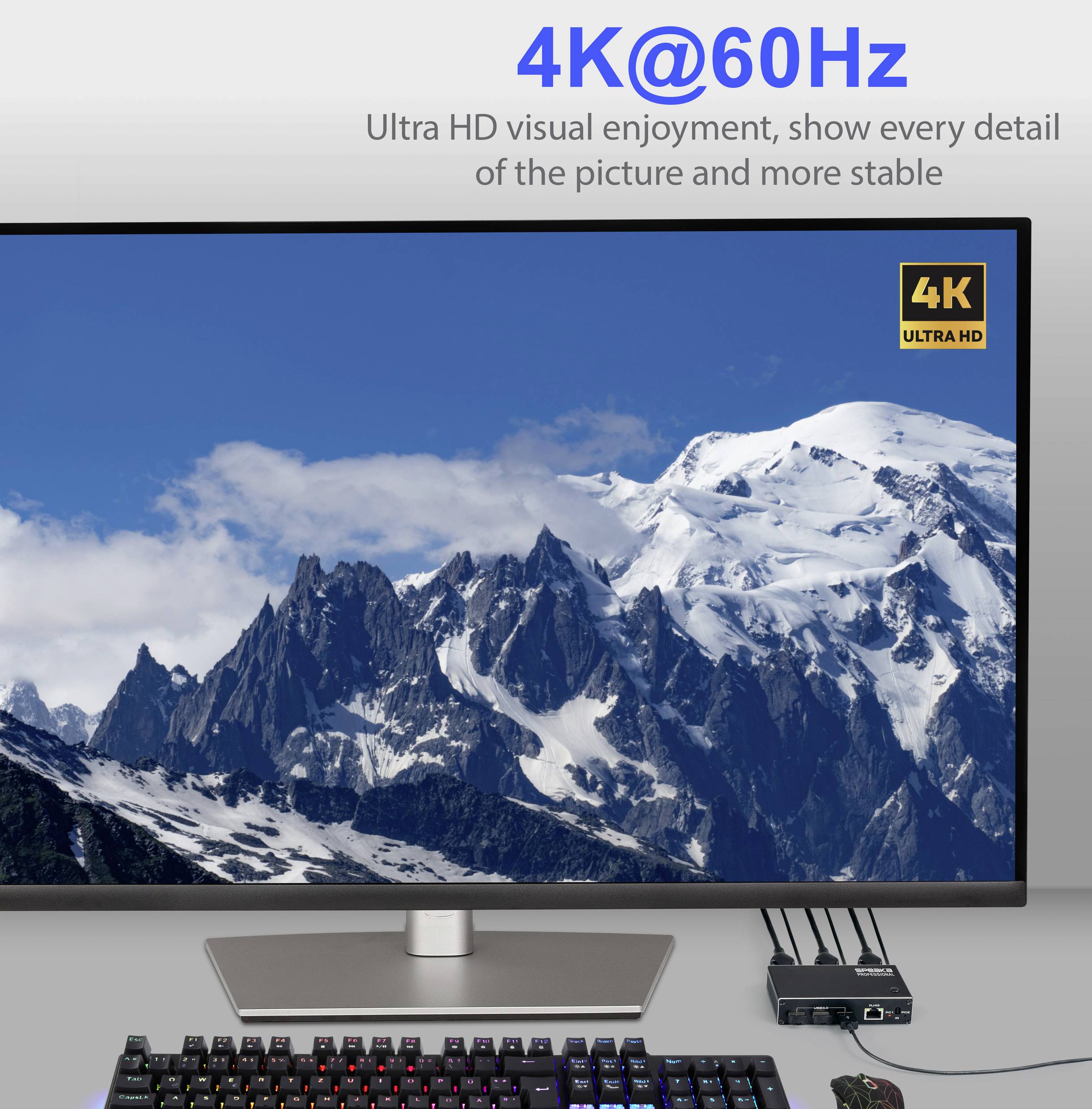 Een groot scherm dat een besneeuwde bergketen toont met een '4K Ultra HD' logo. De tekst '4K@60Hz' benadrukt hoge resolutie en stabiliteit.