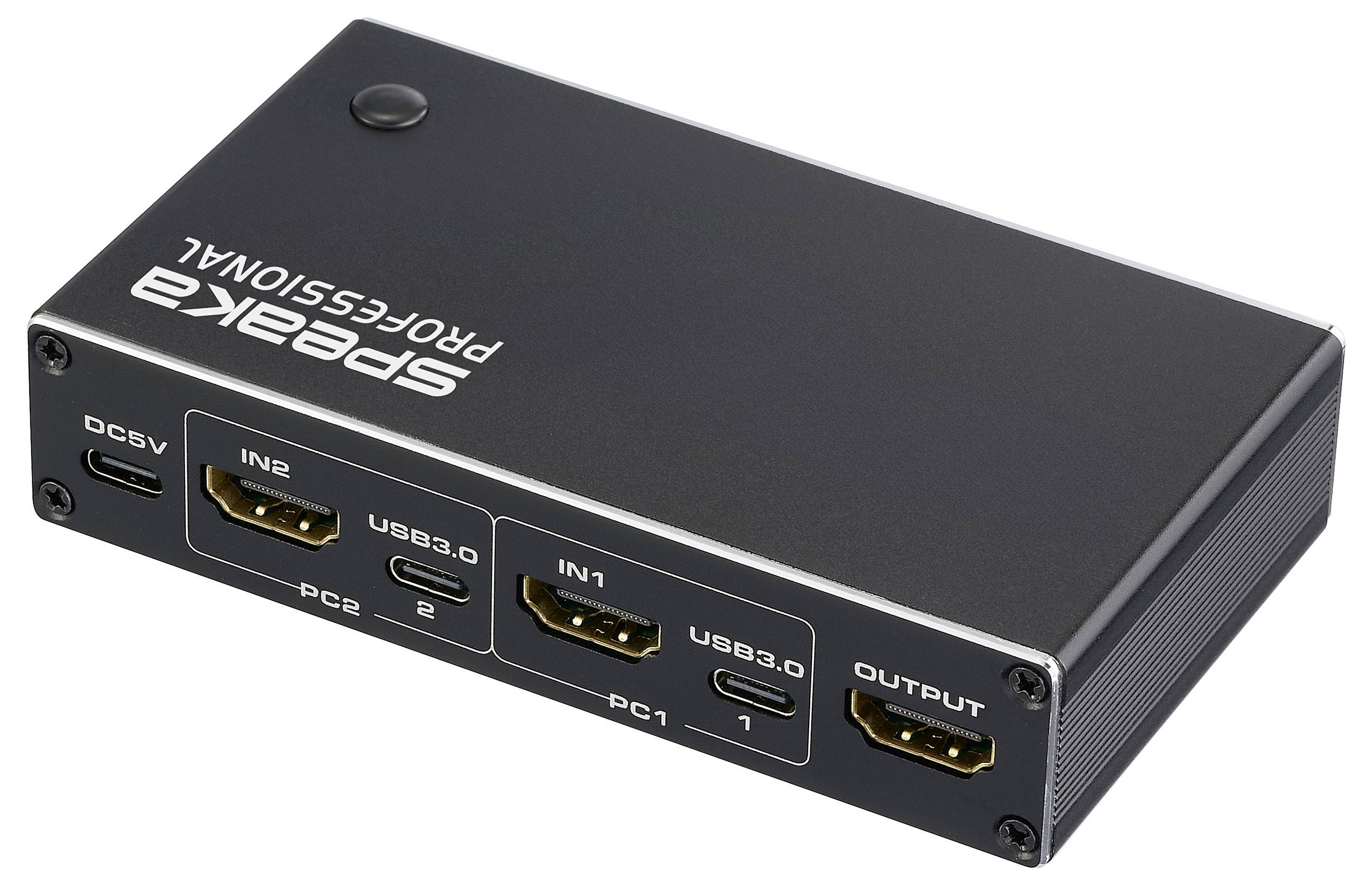 Een zwarte videoswitch met labels 'Speaka Professional'. Het heeft twee HDMI-ingangen, twee USB 3.0-poorten en één HDMI-uitgang voor het aansluiten van apparaten.