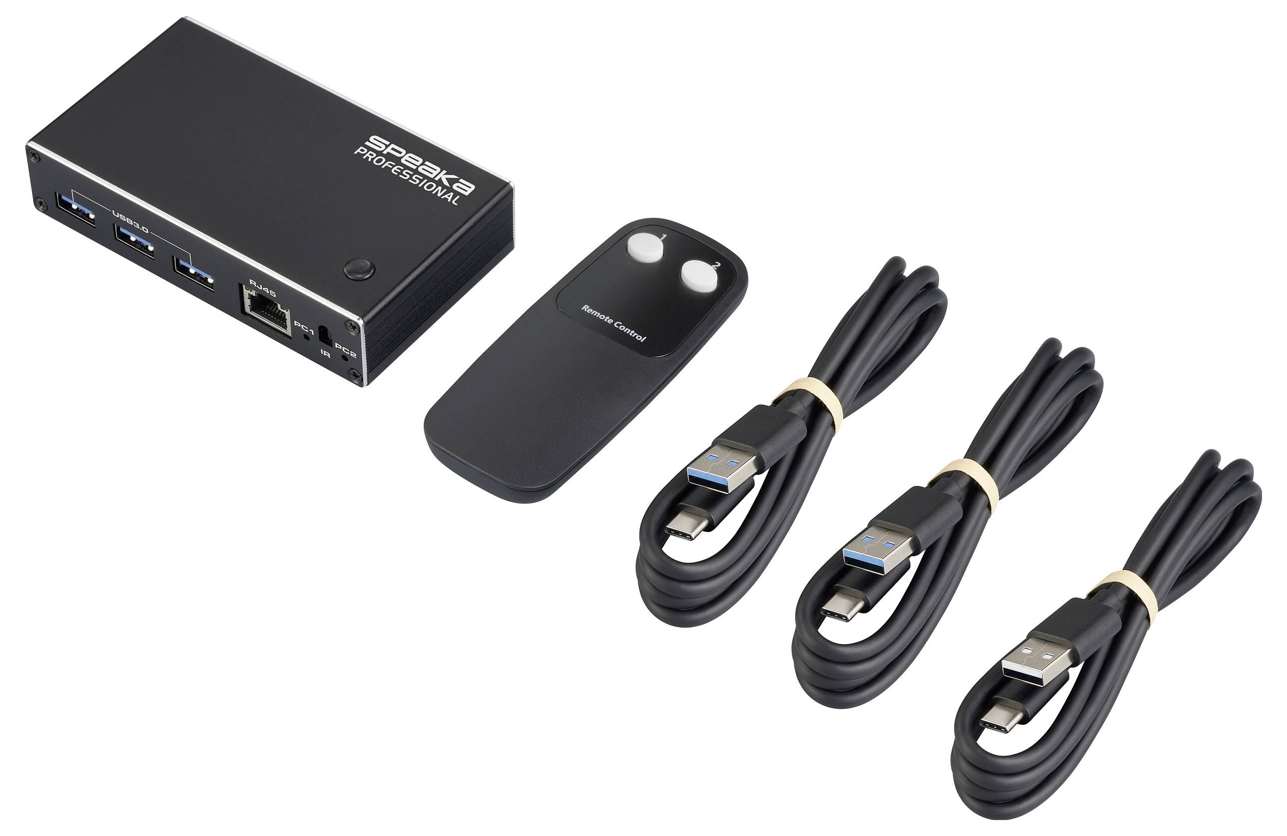 'Een computer randapparaat met drie USB-poorten, een Ethernet-poort, en drie bijbehorende USB-kabels, samen met een kleine afstandsbediening.'