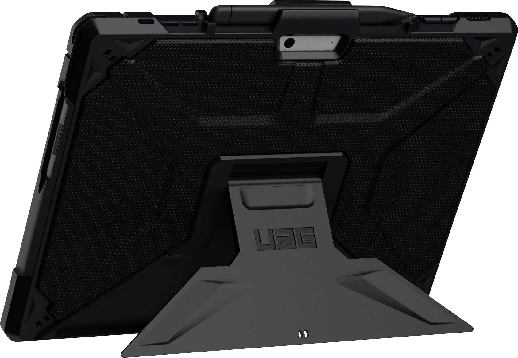 Een robuuste zwarte tabletbehuizing met een geïntegreerde standaard, schuin weergegeven, die het stevige ontwerp en de duurzaamheidskenmerken laat zien.