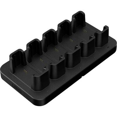 Een zwarte, zesdelige oplaadstandaard ontworpen voor kleine elektronische apparaten, met zichtbare aansluitingen in elke sleuf.