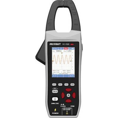 Een digitale stroomtang met een sinusgolfgrafiek op het scherm. Het apparaat toont metingen van 599 Hz en 1,25 V.