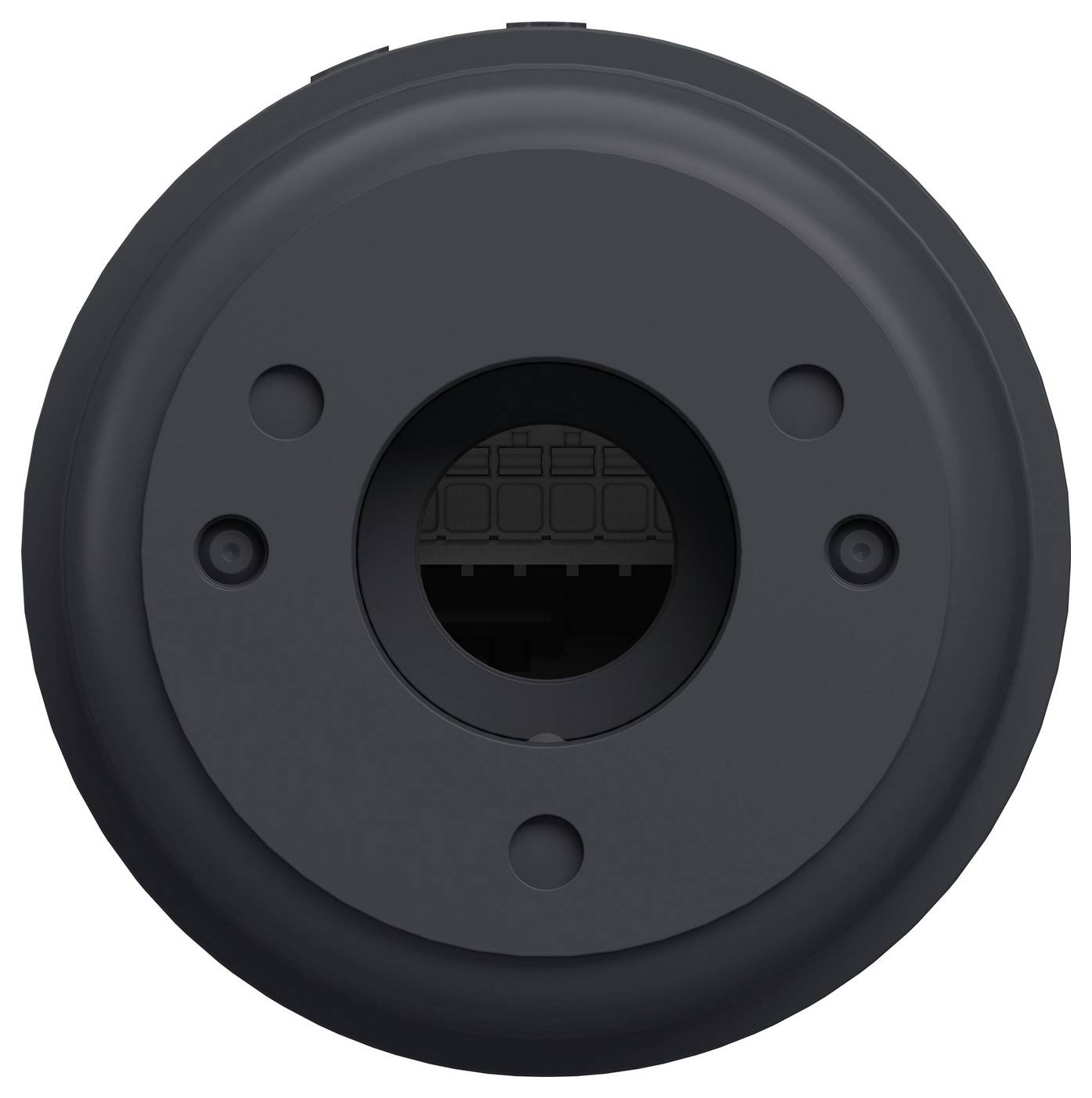 Vooraanzicht van een ronde zwarte mechanische component met een centrale opening en vier kleinere gaten eromheen.